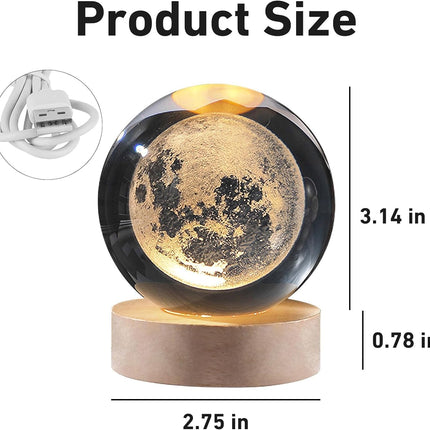 qbpatzwq 3D Galaxy Crystal Ball Night Light | Dimmable Engraved LED Glass Ball Table Lamp with USB and Wooden Base for Home Decor, Office, Birthday Gift & Kids Bedroom (Moon) 