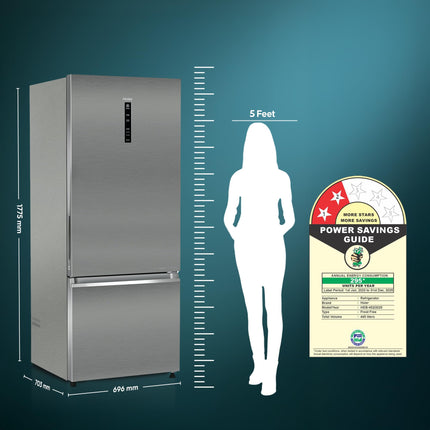 Haier SmartChoice 445 L 2 Star Frost Free Bottom Mount Double Door Refrigerator | Convertible 14-in-1 | Jhukna Mat-Bottom Freezer | Digital Display Panel | Triple Inverter (HEB-452TS-P, Inox Steel) 