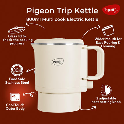 Pigeon by Stovekraft Trip Multi-cook Kettle,600 Watts,0.8 Litre, used for Boiling Water, making tea and coffee, instant noodles, soup etc (Cream) 