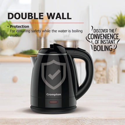 Crompton ActivHot Electric Kettle | 1.2 Litres | Cool Touch | Black 