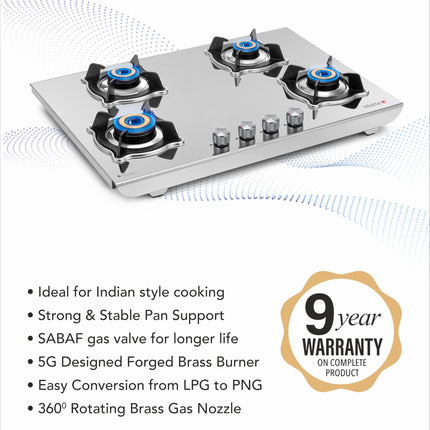 Sujata Robusto Gas Stove 4 Burners | 9 Years Warranty, ISI Certified | 4 Burner Gas Stove Stainless Steel Auto Ignition, LPG Ready & PNG Compatible, SABAF, 360° Rotating Nozzle, Jumbo Brass Burner 