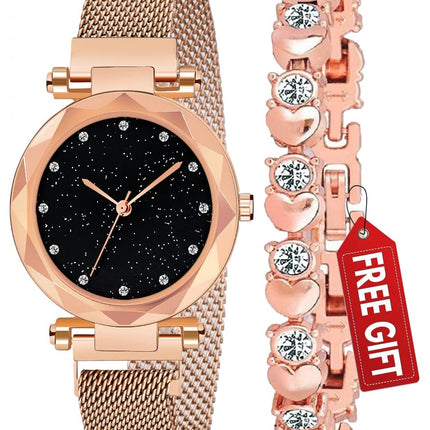 Acnos Premium Analogue Women's Rose-Gold Magnet Watch With Rosegold Bracelet With Gift Box - Metal 