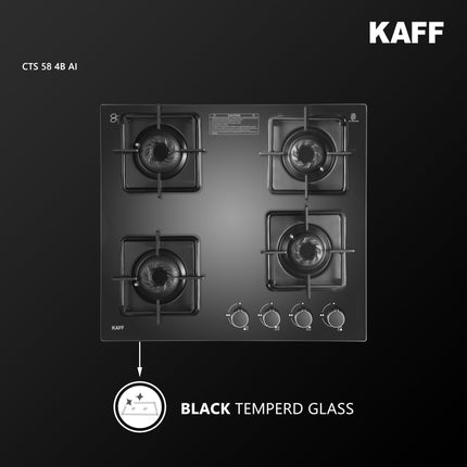 KAFF Gas Stove/Cooktop 4 Burners with Auto Electric Ignition 58 CM, Black Coated Brass Burners, Slim Line Design, Enamelled Pan Support with Integrated Flame Protector (Black) | CTS584BAI | 