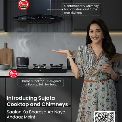 Sujata Premium Gas Stove | 9 Years Warranty | 4 Burner Gas Stove Glass Top, SABAF, ISI Certified, LPG & PNG Compatible, 360° Rotating Brass Gas Nozzle, Jumbo Brass Burner (Black) 