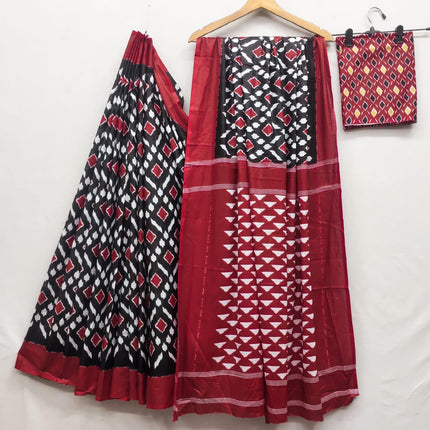 RADHA LAKSHMI Handicrafts Women's Ikat Hand Block Print Pure Soft Cotton Mulmul Saree Multi Colour with Blouse Piece (ikkat black red patola) 