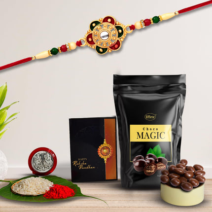 DeoDap Rakhi For Brother Set Of 1 with Silver Color Pooja Coin, Rakhi With Greeting Card, Rakhi For Kids, Brother And Bhabhi, Rakhi With Chocolate, Sweets, Rakhi With Gift, Rakhi Combo (K1_531_SP) 