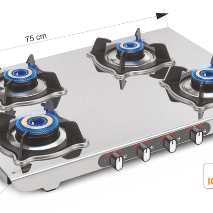 Sujata Sterno Auto Ignition Gas Stove | 9 Years Warranty | Gas Stove 4 Burners Steel Body, SABAF, ISI Certified, LPG & PNG Compatible, Jumbo Brass Burners (Stainless Steel) 