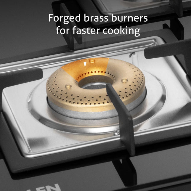 Glen 3 Burner Ultra Slim Auto Ignition Free Standing Hob | 8 MM Toughened Glass | Black | Forged brass burners | Warranty 2 Years Standard | (BH1073USBL75) 