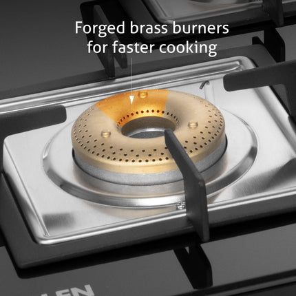 Glen 4 Burner Ultra Slim Free Standing Hob | 8 MM Toughened Glass Top | Black | Forged Brass Burners | Warranty 2 Years Standard | BH1074USBL75 