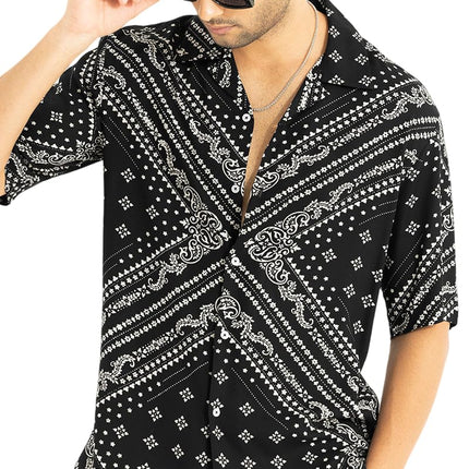SNITCH Men Casual Shirt | Oversized Fit Half Sleeve Cuban Collar Geometric Print | Premium Rayon Fabric & Smooth Texture for Casual Wear & College Wear |Jet Black, M 
