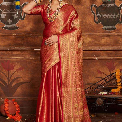 premvastra Women's Pure Silk Brocade Mysore Silk sarees Banarasi Silk Jacquard Zari Work With Unstitched brocket blouse with borders-013 (Carmine) 