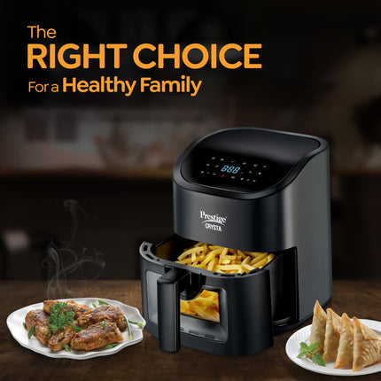 Prestige Crysta Electric Digital Airfryer 4.5L Basket, 1600W|Touch Panel with 9 Preset Menu|See-through Window with 25W Lamp|Food Grade Oil Brush|Time & Temperature control|Safety Interlocking|Black 