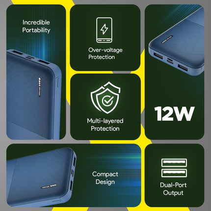 FLiX(Beetel) New Launch PowerXtreme 10,000mAh 12W Slim Power Bank,USB C/Micro USB Input,Dual USB A Output,Compatible with iPhone (Type A to Lightning), Samsung, Google Pixel, Oneplus(Cobalt Blue-P10)