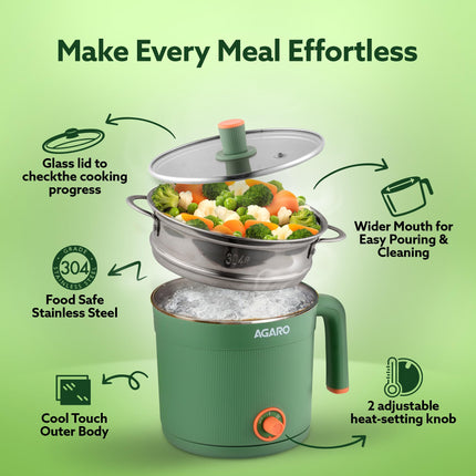 AGARO Regency Multi Cook Kettle With Steamer, 1.2L Inner Pot, Double Layered Body, Variable Temperature Settings, Wide Mouth, Boiling, Steaming, Tea, Coffee, Egg, Vegetable Boiling, 600W, Sea Green 