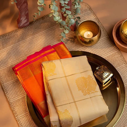 SGF11- Women's Kanjivaram Soft Lichi Silk Saree With Blouse Piece (White Orange) 