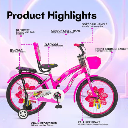 VESCO Super Girl 20T Cycle for Kids Girls with Balance Wheel & Back Carrier | Rigid Fork | Frame 12.5 Inch | Ideal for 6 to 9 Years Girls Kids Bike (Pink) 