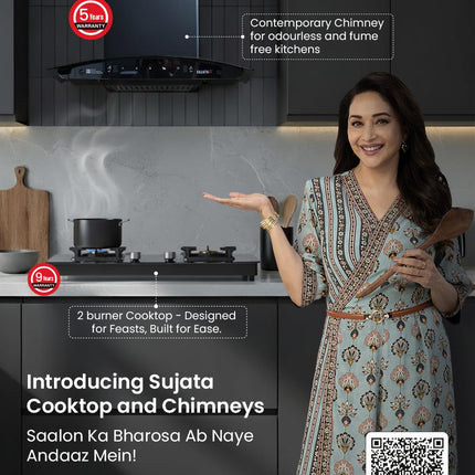 Sujata Premium Gas Stove Auto Ignition | 9 Years Warranty | Gas Stove 2 Burners Glass Top, SABAF, ISI Certified, LPG & PNG Compatible, 360° Rotating Brass Gas Nozzle, Jumbo Brass Burner (Black) 