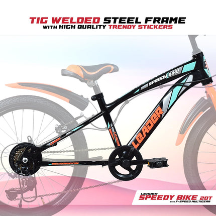 Leader Speedy Bike 20T 7 Speed Kids Cycle | Frame Size 12 Inch | Gear Cycle for Boys & Girls of Ages 7 to 10 Yrs - Black/Orange, Front Suspension 