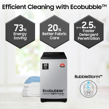 Samsung 8 kg, 5 star, Eco Bubble Tech, Digital Inverter Motor, Soft Closing Door, Fully-Automatic Top Load Washing Machine (WA80BG4441BGTL, Light Gray) 
