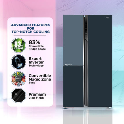 Haier 598L, 3-Star, Vogue 83% Convertible Fridge Space, Expert Inverter 3-Door Side by Side Refrigerator, (HRT-683GOG, Grey Onyx Glass) 