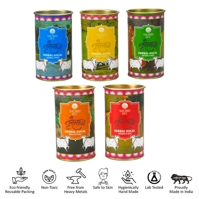 Sacred Life Vrindavan Herbal Gulal Holi Colour Orange Red Green Blue and Yellow Parijat Tesu Marigold Blue Lotus Tulsi Rose Petals 75gm Natural Skin-Friendly Herbal Gulal Handmade and Non-Toxic 