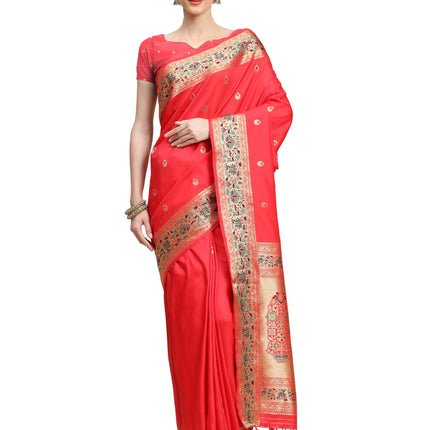 SGF11 Women's Kanjivaram Paithani Soft Lichi Silk Sarees With Blouse Piece (Red) 