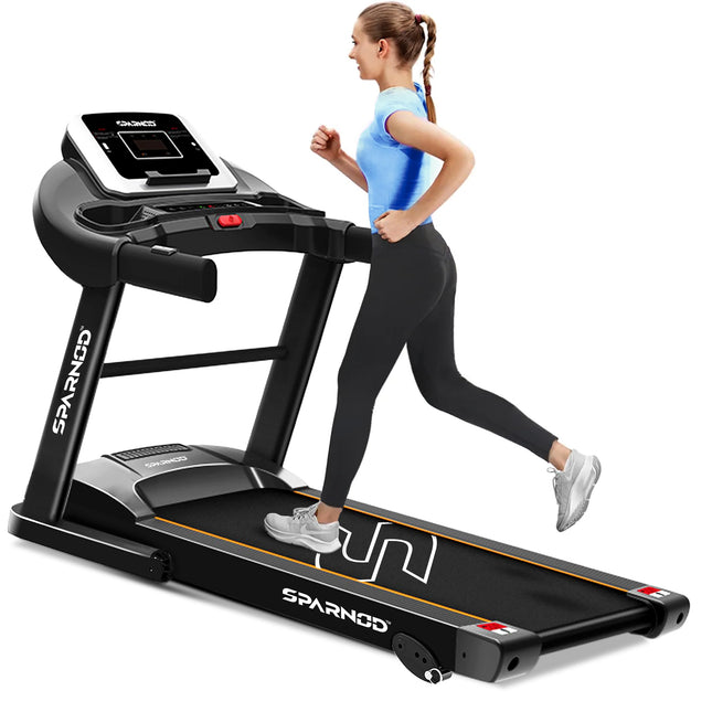 Sparnod Fitness STH-1200 Motorized Treadmill for Home Use, 4 HP Peak DC Motor, 12 km/hr Speed, 110 kg Max User Weight, 12 Preset Workouts, Manual Incline, Hi-Fi Speaker, Safety Key,Black 