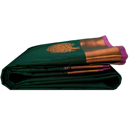 Kanchipuram Pure Silk Saree Original Golden Zari Intricate Jacquard Weaves Traditional Rich Border & Contrast Zari Rich Pallu(Green)-Silk Mark 