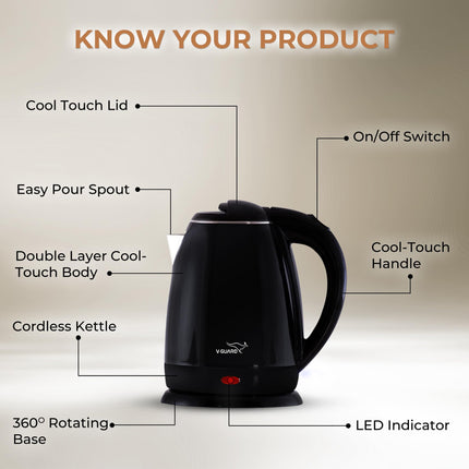 V-Guard VKP15 Prime 1.5 Litre Electric Kettle for Hot Water | Cool Touch Body | 2 Year Coverage By V-Guard |1500 Watt | Double Layer Outer Body,Plastic,Black 
