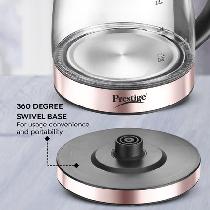 Prestige PKGB 1.8 Litre Electric Glass Kettle| LED Power Indicator| Borosilicate Glass| Automatic Power Cut-Off| Concealed Element| 360 Degree Swivel| Cool Touch Handle 