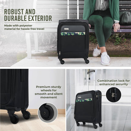 Aristocrat Commander 55Cms Premium Polyester with PVC Coating Softshell Sided Cabin Size 4 Wheels Small Black Inline Suitcase, Medium 