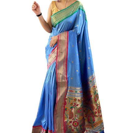SGF11 Women's Paithani Soft Silk Kanjivaram Sarees With Blouse Piece (Light Blue) 