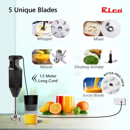 Rico Heavy Duty Portable Hand Blender For Kitchen | 2 Years Replacement Warranty | 5 Blades for Making Juice, Chutney, Smoothie, Whipping & Chopper for Easy Cutting | Non Seed Crushing Juicer Blade 