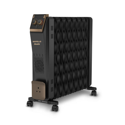 Havells Hestio 15 Wave Fin OFR (Oil Filled Radiator)|Room Heater|2900 W|3 Heat Settings & PTC Fan Heater|Inclined Control Panel|Retractable Wheels| Comfortable Breathing|360° Heating (Black) 