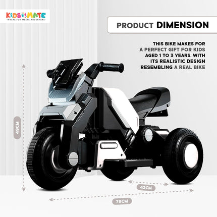 Kidsmate Hyrider 6V Electric Kids Bike with Rechargeable 6.5 Ah Battery Inbuilt Imported Motor Drive | Music Player, Front LED Light & Foot Accelerator Pedal Bike for Ages 1-4 Years (White) 