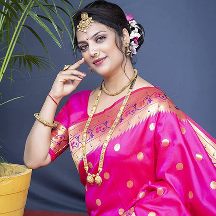 SGF11 Women's Paithani Kanjivaram Pure Soft Silk Handloom Saree Pure Golden Zari With Blouse Piece (Pink) 