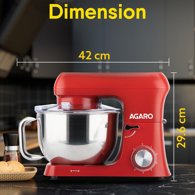 AGARO Supreme Stand Mixer 1500W with 6.2L SS Bowl, 6 Speed Setting, Pulse Function, Die Cast Aluminium Body, Copper Motor, Whisk, Mixing Beater, Dough Hook, Transparent Bowl Cover, Red 