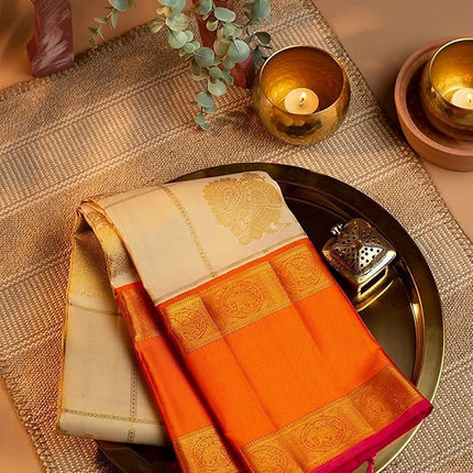 SGF11- Women's Kanjivaram Soft Lichi Silk Saree With Blouse Piece (White Orange) 