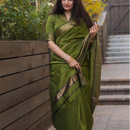 SIRIL Women's Soft Silk Saree | Banarasi Silk Sari | Jacquard Zari Work Saree With Unstitched Blouse Piece (4051S599_Olive Green) 