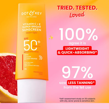DOT & KEY Vitamin C + E Super Bright Sunscreen Spf 50 |Water-Light,UVA/UVB & Blue Light Protection|For Even Toned & Glowing Skin|With Liquid Spf 50+++| No White Cast| For All Skin Types| 50G,Pack Of 1 