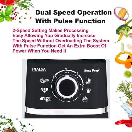 INALSA Food Processor for Kitchen with 800 W Copper Motor|1.4 L Main Bowl Capacity |2 Speed Setting with Pulse Function|7 Accessories| chopping| kneading| shredding|Child Lock Safety (Black)-Easy Prep 