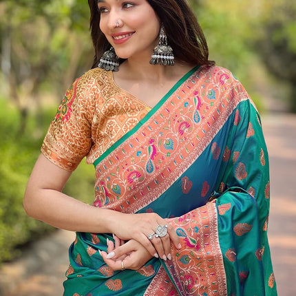 SGF11 Women's Kanjivaram Paithani Soft Silk Sarees For Womens With Blouse Piece (Rama Green) 