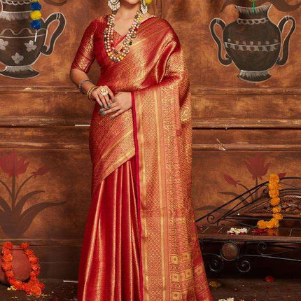 premvastra Women's Pure Silk Brocade Mysore Silk sarees Banarasi Silk Jacquard Zari Work With Unstitched brocket blouse with borders-013 (Carmine) 