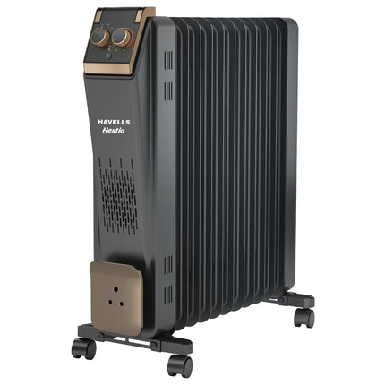 Havells 11 Fin Hestio Straight Fin OFR (Oil Filled Radiator)|Room Heater|2900 W|3 Heat Settings & PTC Fan Heater|Inclined Control Panel|Retractable Wheels| Comfortable Breathing|360° Heating (Black) 
