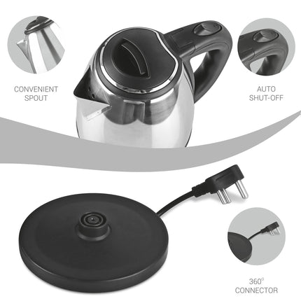 Milton Euroline Go Electro 2.0 Stainless Steel Electric Kettle, 1 Piece, 2 Litre, Silver, Power Indicator, 1350 Watts, Auto Cut-off, Detachable 360 Degree Connector, Boiler for Water, Instant Noodles 