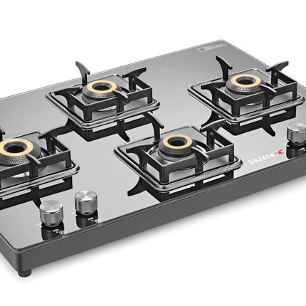 Sujata Cross Gas Stove | 9 Years Warranty | 4 Burner Gas Stove Glass Top, SABAF, ISI Certified, LPG & PNG Compatible, 360° Rotating Brass Gas Nozzle, Jumbo Brass Burner (Black) 