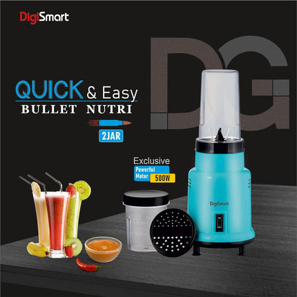 DIGISMART Nutri Mixer Grinder With 2 Jar | 500 Watt | Long Lasting Shock Proof Abs Body | Heavy Duty Motor Multi Purpose Blade Come With 1 Years Warranty (Blue) 