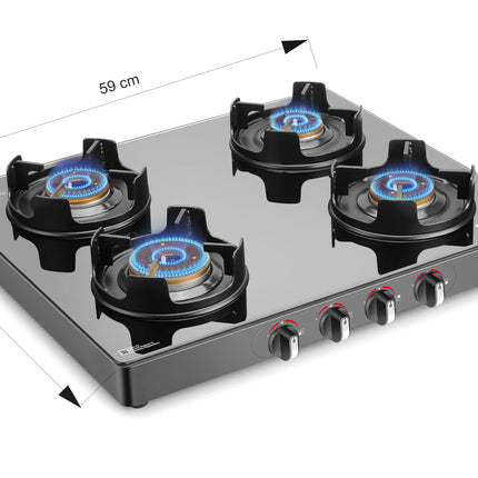 Sujata Deluxe Auto Ignition Gas Stove | 9 Years Warranty | Gas Stove 4 Burners Glass Top, 4 Burner Stove, SABAF, ISI Certified, LPG & PNG Compatible, Jumbo Brass Burner (Black) 