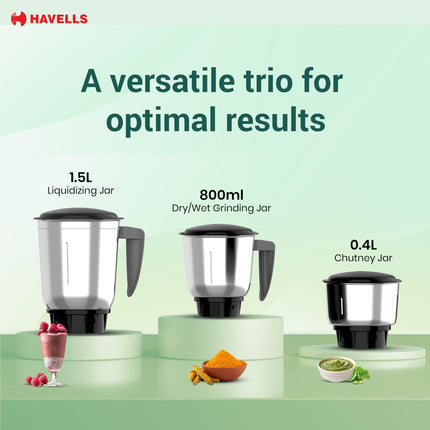 Havells Capture 500 Watts 3 Jar Mixer Grinder|High Speed Mixie 21000 RPM Motor|Rust Resistant 304SS Blades| 1.5 Ltr Bigger Size Blending Jar| 1 Yr Manufacturer Warranty | Overheat Protection (Black) 