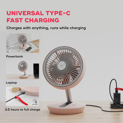 NUUK FOLDE V2 Personal Rechargeable Fan For Travel | Folds 180° & Fits In Any Bag | Cordless, 7-Inch |16 Hr Run Time, 4 Wind Speeds | Super Silent BLDC Motor |For Hiking,Picnics, Beach,Camping, Pink 